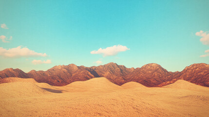Poster - Serene desert landscape with rolling dunes and rugged mountains under blue sky