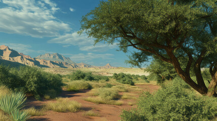 Aufkleber - Tranquil desert landscape with lush ironwood trees and majestic mountains