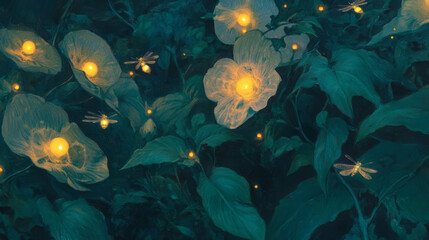 Poster - Enchanting fireflies among blooming flowers at night for nature inspired designs