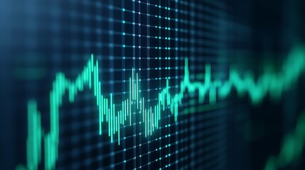 Poster - abstract blue and green digital sound wave graph pattern with fluctuating data points on a grid back