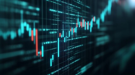 Poster - abstract data visualization of financial market fluctuations with candlestick chart elements and gri