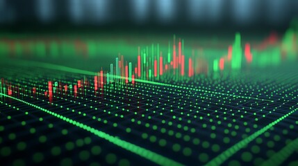 Poster - abstract data visualization with green and red bars on a digital grid background representing market