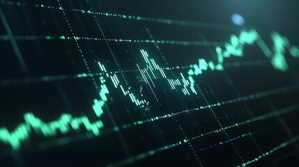 Poster - abstract data visualization with green lines and graphs representing financial market trends in mode