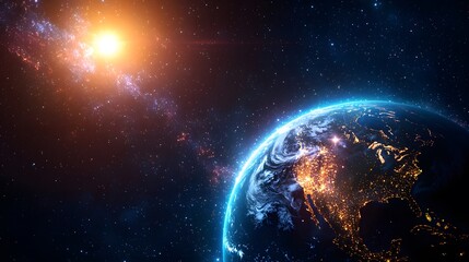 Poster - stunning visual of earth and the sun in deep space with a luminous globe and distant sun glow in the