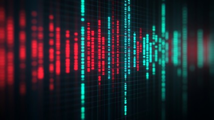 Poster - abstract digital data visualizations in red and blue colors representing computer coding and informa
