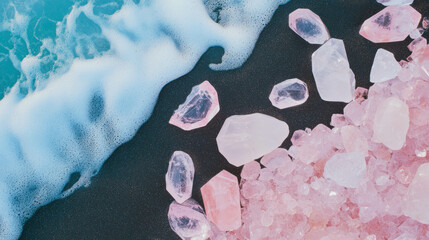 Poster - Rose quartz and sand texture with crystals and ocean waves