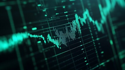 Poster - abstract digital graph visualization with fluctuating data points in green and black colors for fina