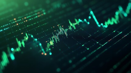 Poster - abstract digital green waveform on dark background representing data analysis and market trends visu