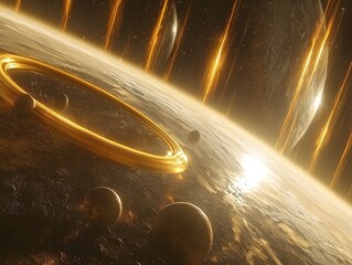 Poster - distant space station visible against a futuristic planet showcasing a ethereal golden in the backgr