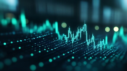 Poster - Abstract Digital Visualization of Data Flow with Green and Blue Gradient Waves and Glowing Particles in Motion