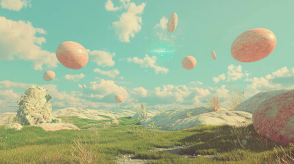 Wall Mural - Surreal landscape with floating spheres and dreamlike atmosphere