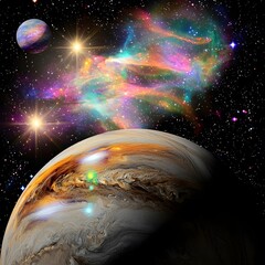 Poster - an iridescent nebula swirling around a giant glowing celestial body in the vastness of space capturi