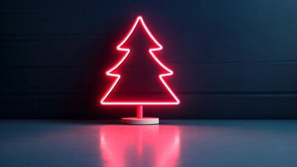 Poster - Luminous winter neon pink christmas tree illuminating dark blue holiday background, casting greeting card festive glow and vibrant empty banner ambiance copy space for text video 4k