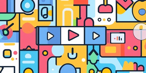 Poster - Colorful Abstract Geometric Design With Play Buttons and Various Shapes in a Vibrant Layout