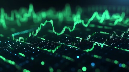 Poster - abstract green data visualization with digital waves and bar graph elements representing financial m