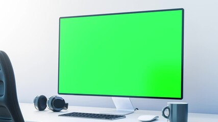Poster - Modern workspace with a green screen monitor, headphones, keyboard, and a mug on a white desk. Smooth camera movement