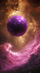 Poster - Surreal landscape with a glowing purple planet swimming amongst a nebula filled with colorful cosmic elements