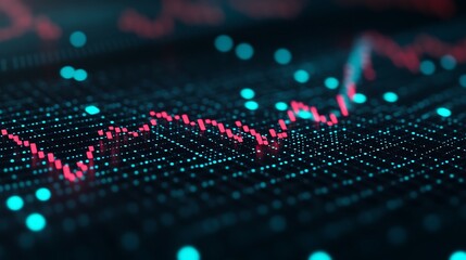 Poster - abstract visualization of digital data trends with colorful graph lines and dots on a dark backgroun