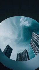 Poster - Surreal skyline featuring radiant architecture against a vivid sky in a fantasy cityscape landscape