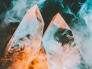 Poster - Two beautiful crystals resting on a table illuminated by cosmic light with swirling patterns and unique reflective qualities