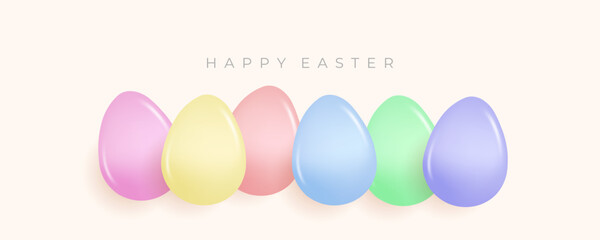 Poster - Happy Easter festive banner. Soft colored glossy Easter Eggs. Blue background. Vector illustration.