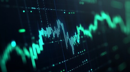 Poster - detailed visualization of financial data with green candlestick patterns and waveform analysis