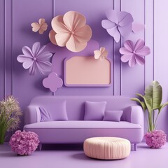 Poster - Elegant Lilac Living Room with Floral Accents, Modern Design and Soft Color Palette 