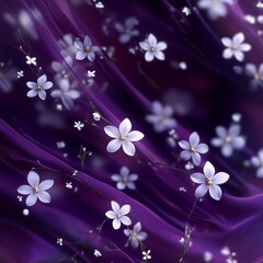 Poster - Elegant Purple: Delicate White Flowers on Flowing Satin Fabric Background - A Touch of Spring