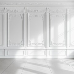 Poster - Elegant White Room with Ornate Wall Paneling and Subtle Light Play, Creating a Sophisticated Interior Space