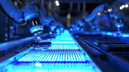 Poster - Precision and Progress: A glimpse into the world of automated manufacturing, where robotic arms work with precision. The industrial setting is highlighted by vibrant neon blue light.