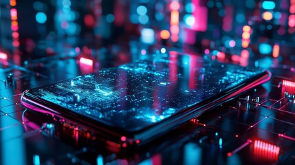 Poster - the smartphone's digital canvas: a modern smartphone glows amidst a vibrant and futuristic array of 