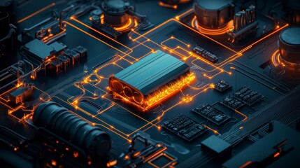 Poster - Cybernetic Network: An intricate network of circuits pulses with vibrant energy, a compelling visual representation of technological innovation and the digital world.