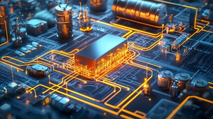 Poster - Circuit Board's Tech Symphony: A detailed, high-tech perspective unveils the intricate circuits of a modern circuit board, radiating energy and innovation.