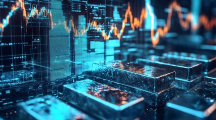 Poster - Financial Data and Gold Bars: This image showcases financial data overlays a stack of gleaming gold bars in a captivating visualization of wealth and investment. The sleek.