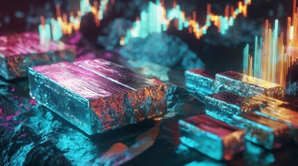 Poster - Investment in the Digital Age: Silver bars rest on a digital landscape representing the future of finance. This image uses vibrant colors and detailed textures. 