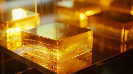 Poster - golden cubes: the photograph showcases an array of golden cubes, catching and reflecting light to cr