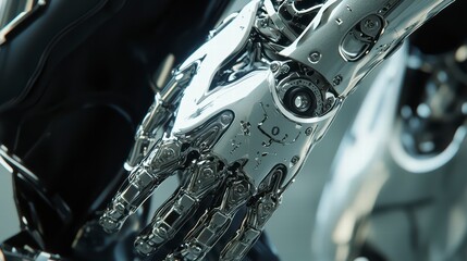Poster - Robotic Hand: Intricate details of a chrome-plated robotic hand, showcasing cutting-edge technology and futuristic design, with a soft focus and a hint of human interaction