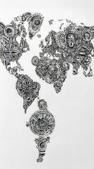 Poster - World map illustration composed of abstract black patterns on a white background