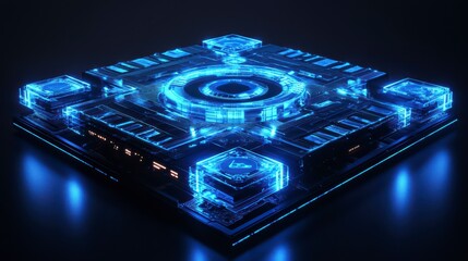 Poster - Digital Quantum Processor: A futuristic depiction of a quantum processor illuminated with glowing blue lights, representing technological advancement and data processing capabilities. 