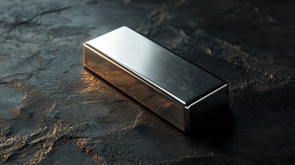 Poster - metallic rectangular object: a shiny, metallic rectangular object rests on a rough, dark stone surfa