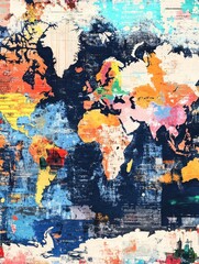 Poster - Abstract world map with vibrant pixelated effect in blue and colorful hues representing global concept