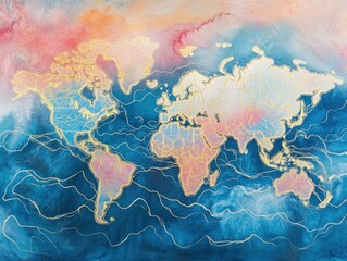 Poster - Abstract world map watercolor painting with gold foil details blue red and gold colors