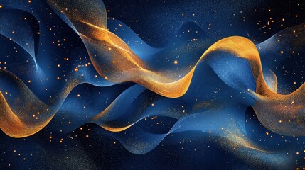 Poster - elegant abstract background with flowing golden lines, blue tones, and sparkling particles.