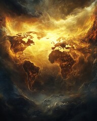 Poster - Abstract illustration of the world map outlined in bright glowing light against a dark celestial background with golden and dark blue clouds