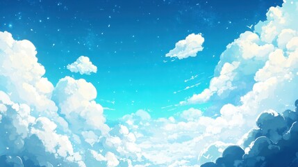 Wall Mural - Dreamy Anime Style Sky with Fluffy White Clouds and Glimmering Stars