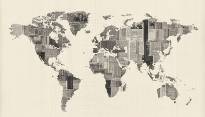 Poster - World map illustration composed of rectangular shapes in varying shades of grey and black. Set against a cream background for contrast