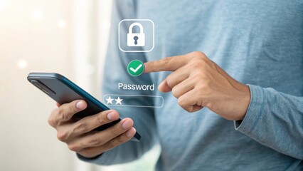 Aufkleber - Digital Security: Close-up of a person's hands holding a smartphone displaying a password screen, symbolizing the vital importance of digital security in an interconnected world. 