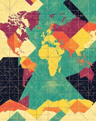 Poster - Abstract world map mosaic with geometric pattern and textured effect in vibrant colors