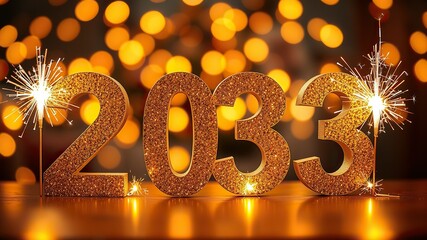 Fototapete - Silvester Sylvester 2033 New year New Year's Eve Party background banner panorama illustration - Abstract gold firework fireworks on dark green texture with bokeh lights