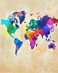 Poster - Colorful geometric world map design on textured paper background. Abstract representation of global continents